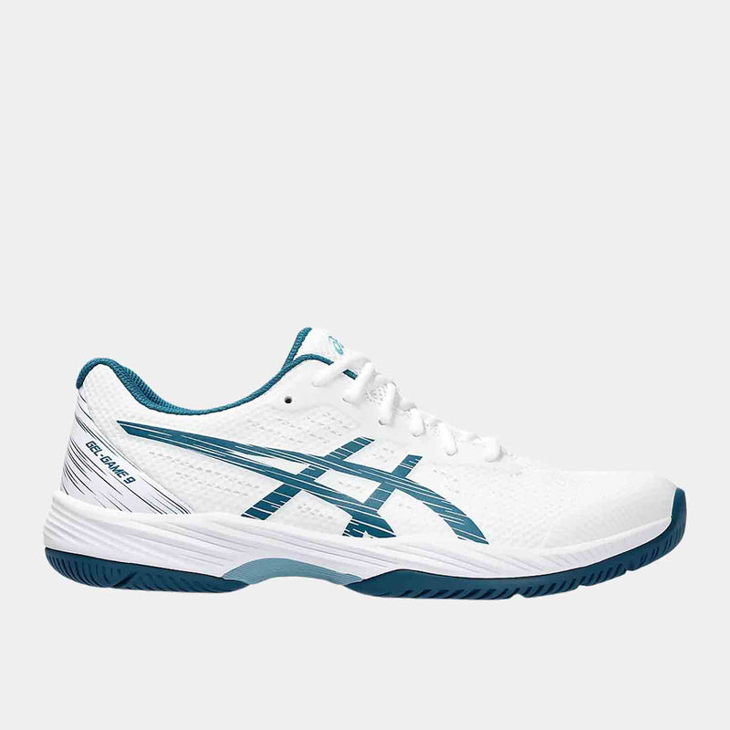 Side view of the Men's Asics Gel-Game 9 'White Restful Teal' Tennis Shoes.