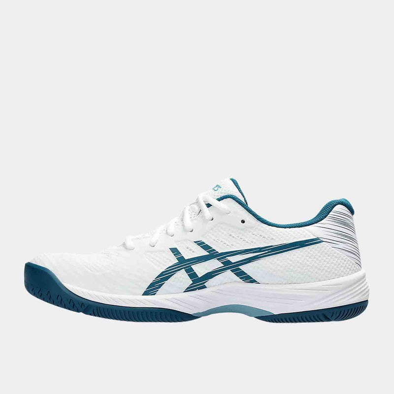 Side medial view of the Men's Asics Gel-Game 9 'White Restful Teal' Tennis Shoes.