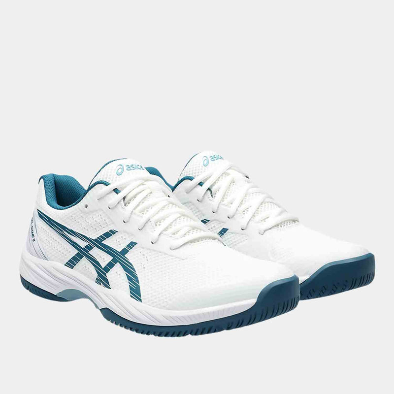 Front view of the Men's Asics Gel-Game 9 'White Restful Teal' Tennis Shoes.