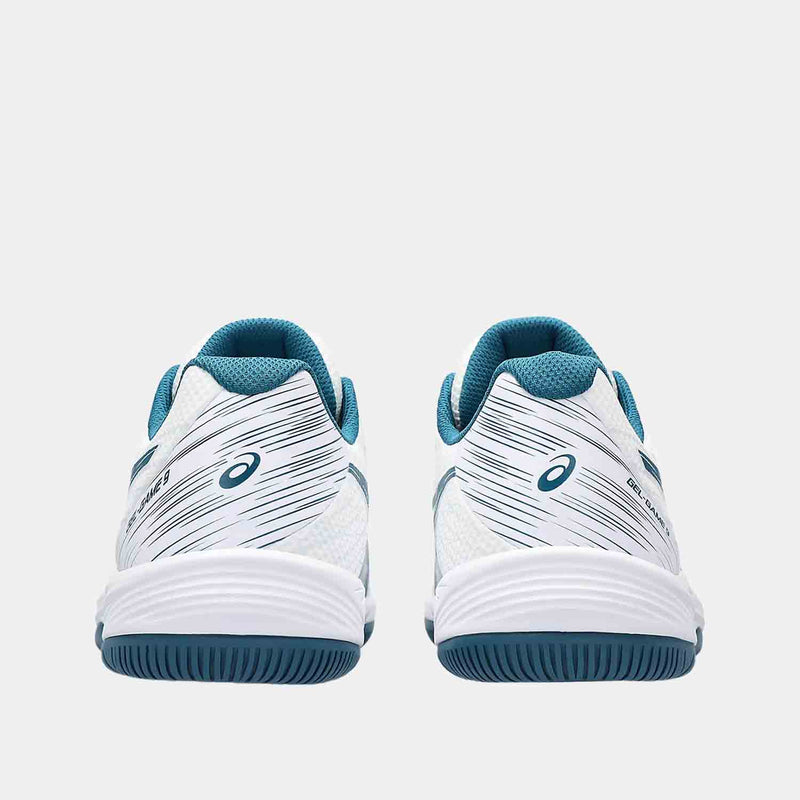 Rear view of the Men's Asics Gel-Game 9 'White Restful Teal' Tennis Shoes.