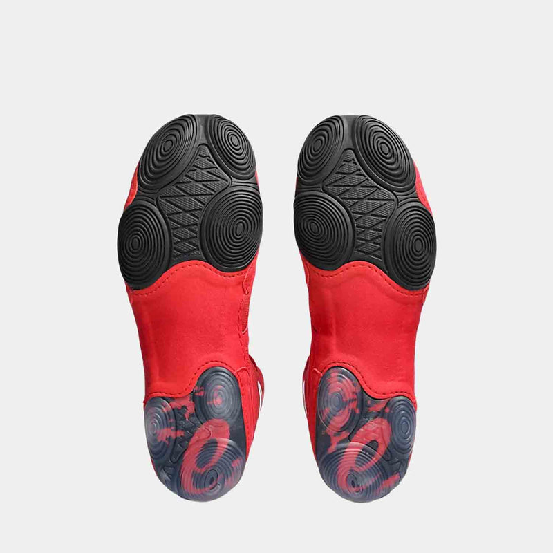 Bottom view of the Asics Men's Split Elite 'Classic Red Black' Wrestling Shoes.