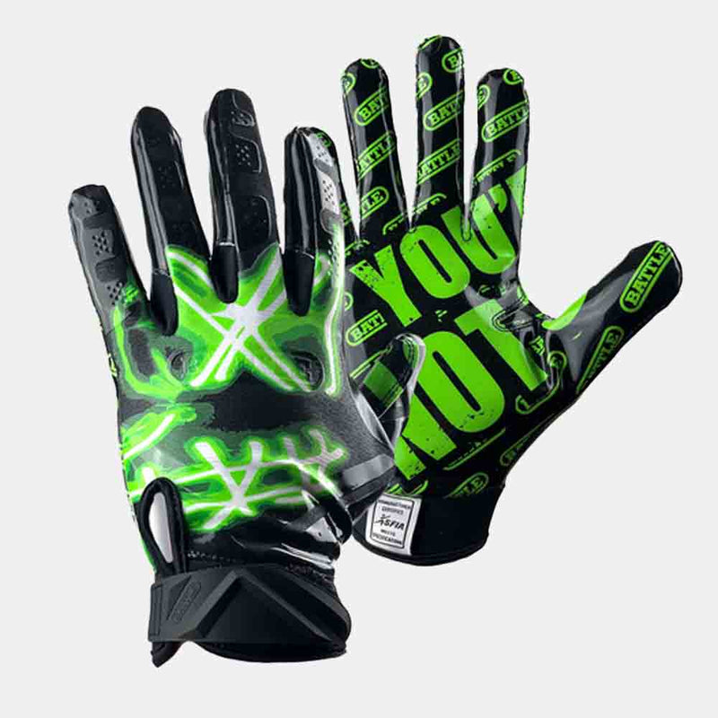 Front and rear view of the Battle Adult "Nightmare You're Not Safe" Receiver Football Gloves.