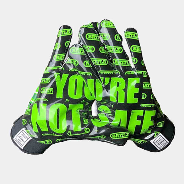 Front view of palms on the Battle Kids' "Nightmare You're Not Safe" Receiver Football Gloves.