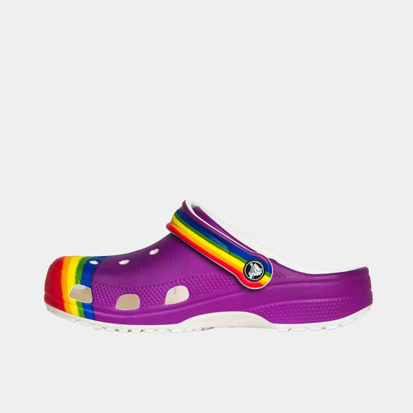 Side medial view of the Crocs Classic Rainbow Dye Clogs.