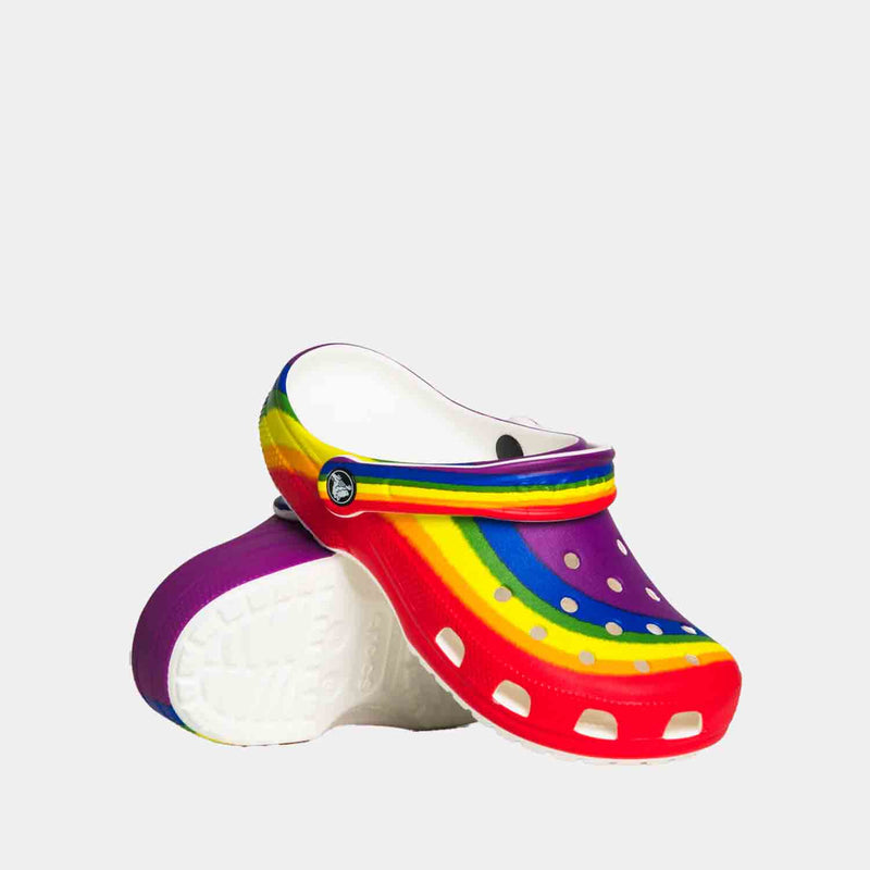 Front and bottom view of the Crocs Classic Rainbow Dye Clogs.