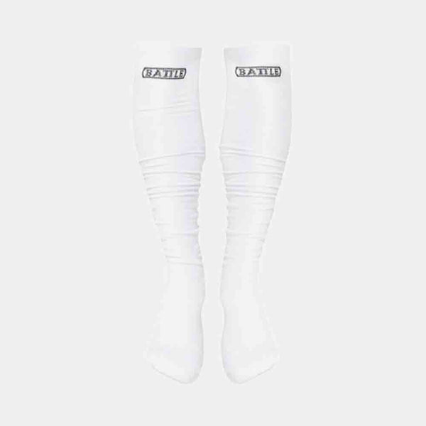 Front view of the Battle Adult White Long Football Socks.