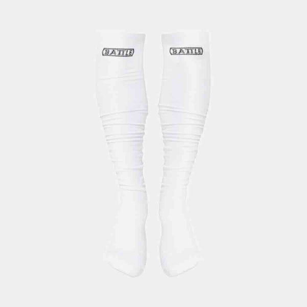Front view of the Battle Youth White Long Football Socks.