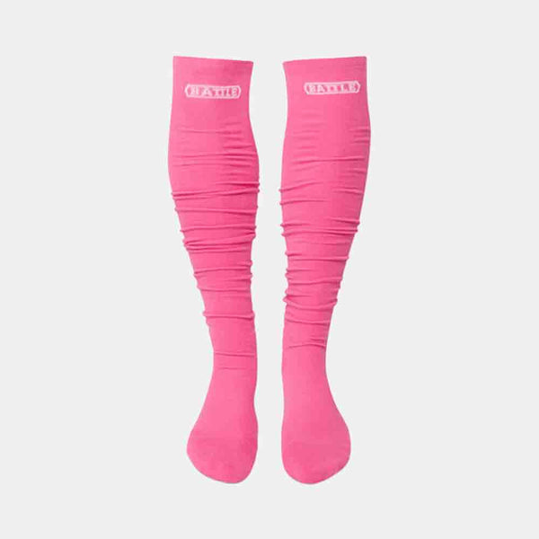 Front view of the Battle Youth Pink Long Football Socks.