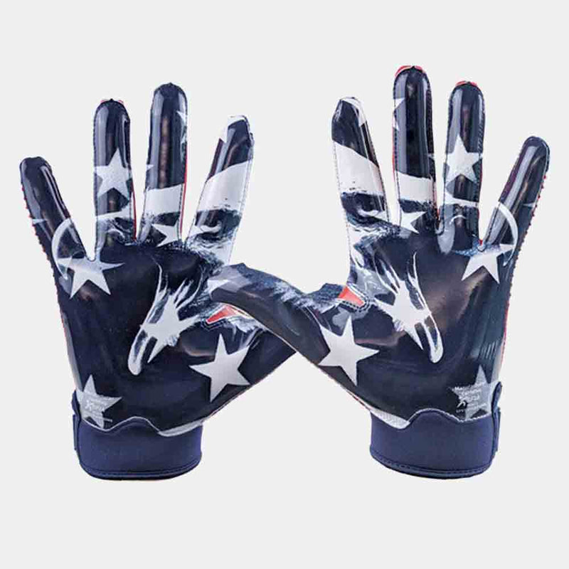 Front view of palms on the Battle Kids' "USA" Doom 1.0 Receiver Football Gloves.