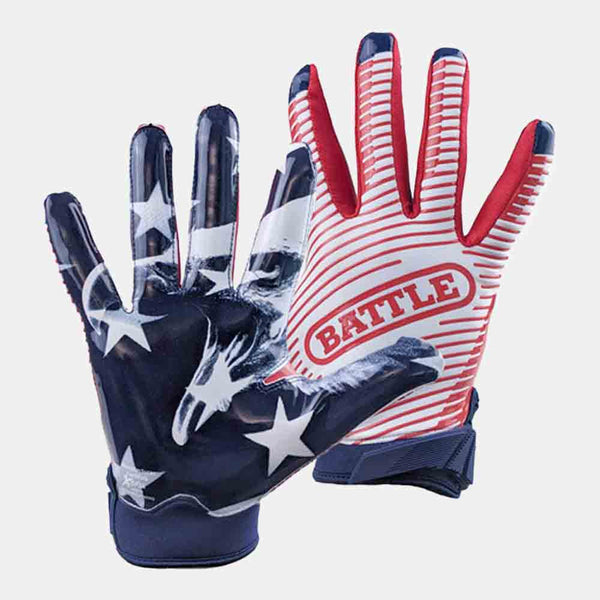 Front and rear view of the Battle Kids' "USA" Doom 1.0 Receiver Football Gloves.