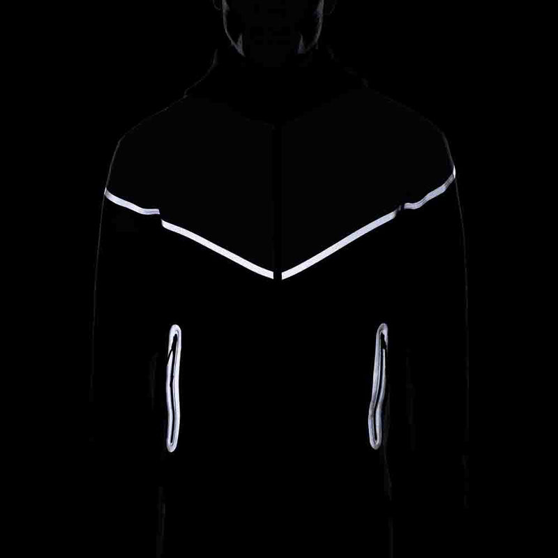 Up close, front view of reflective parts on the Nike Men's Tech Fleece Full-Zip Windrunner Hoodie.