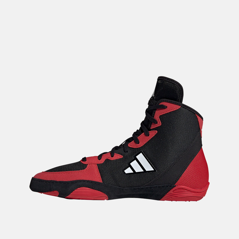 Side medial view of the Adidas Adizero Mat Wizard 6 Wrestling Shoes.