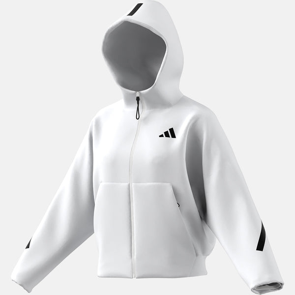 Front/side view of the Adidas Women's Z.N.E Hooded Sweatshirt.