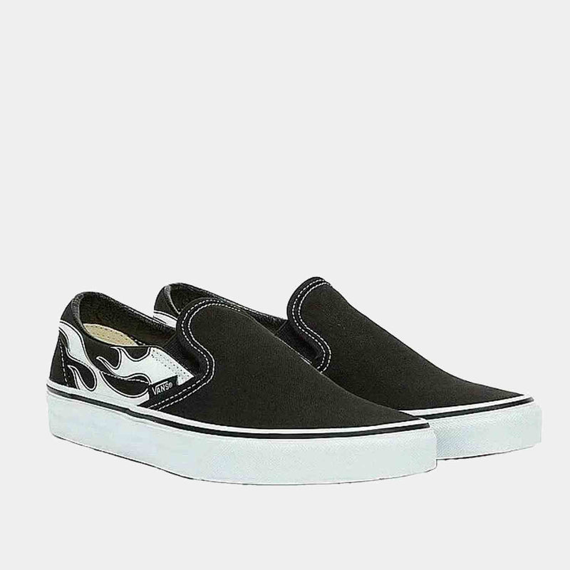 Front/side view of the Vans Classic Slip-On 'Flame Black White'.