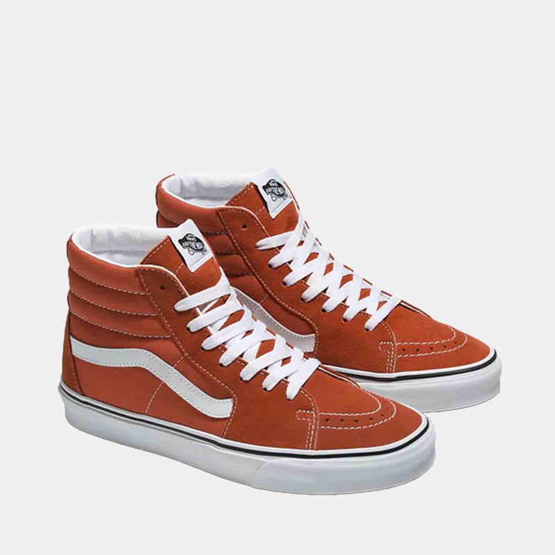 Front/side view of the Vans 'Color Theory Burnt Ochre' Sk8-Hi Shoes.